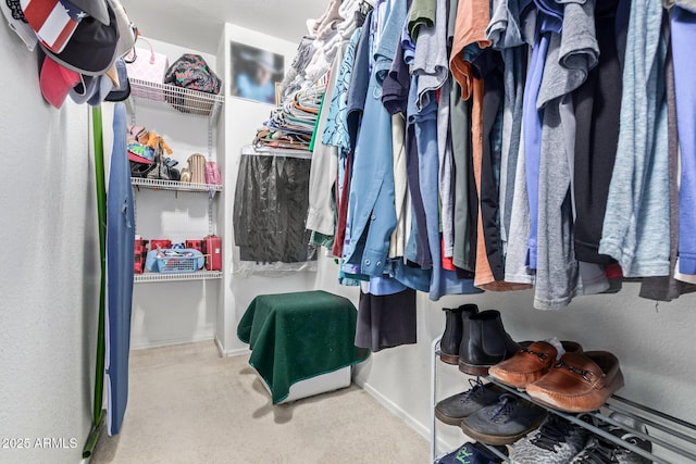 walk in closet featuring light carpet