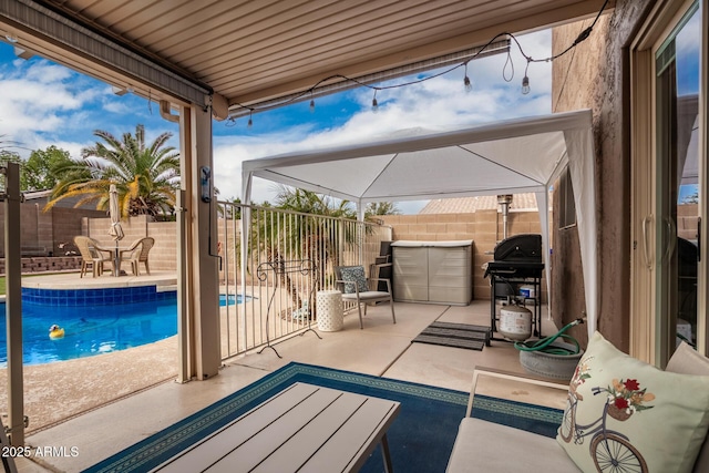 view of swimming pool with a grill and a patio