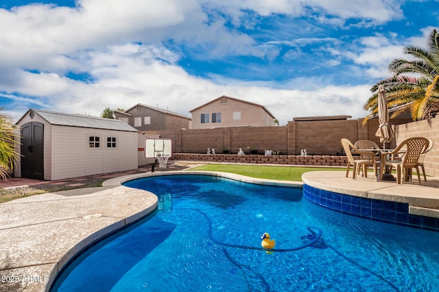 view of pool with a patio and a storage unit