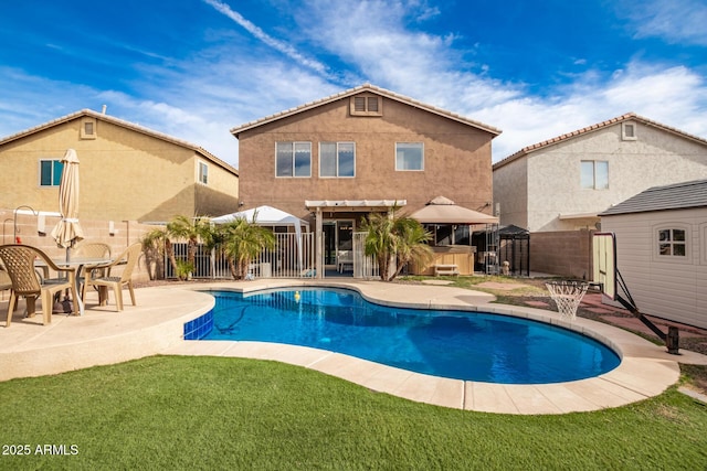 view of swimming pool with a gazebo, a pergola, a lawn, and a patio