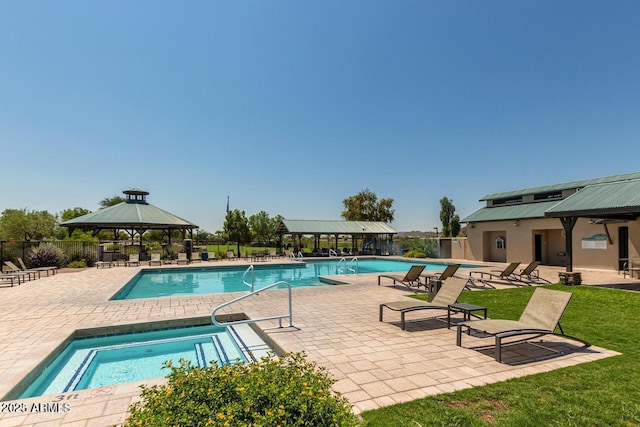 view of swimming pool with a gazebo, a community hot tub, and a patio