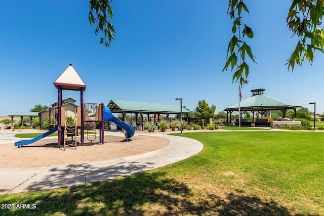 view of playground with a gazebo and a yard