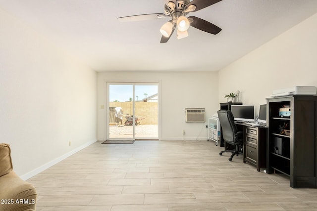 office space featuring ceiling fan and a wall mounted air conditioner