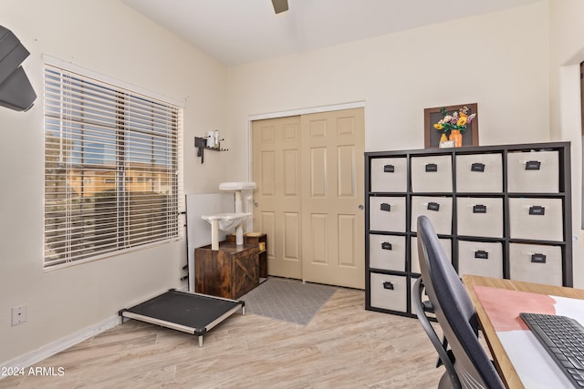 office area with light hardwood / wood-style flooring