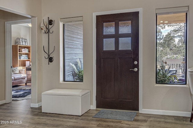 entrance foyer with baseboards and wood finished floors