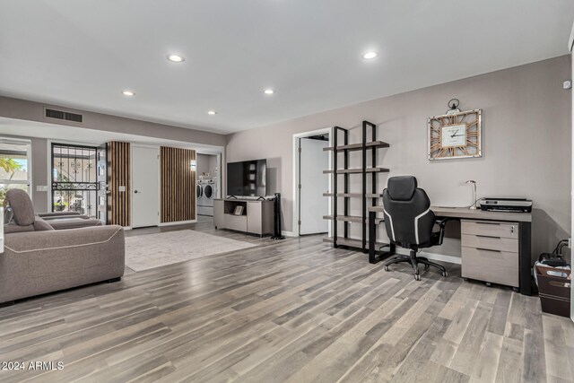 home office featuring light hardwood / wood-style flooring