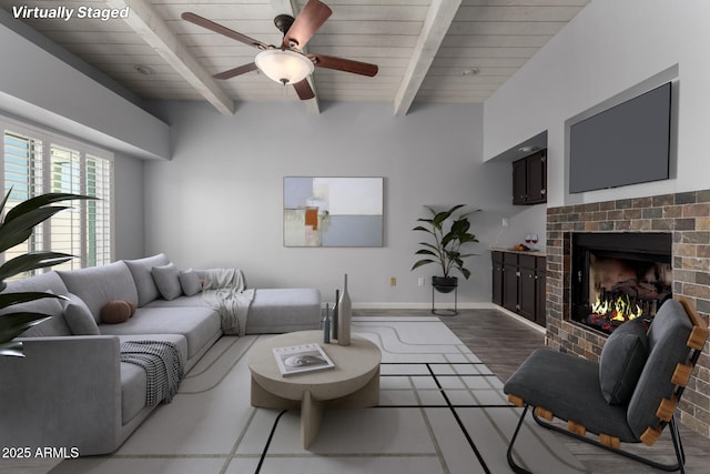 living room featuring hardwood / wood-style flooring, wooden ceiling, beam ceiling, and ceiling fan