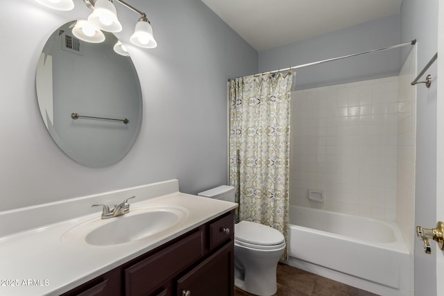 full bathroom with toilet, tile patterned flooring, vanity, and shower / bath combo with shower curtain