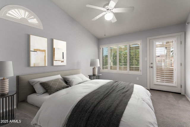 carpeted bedroom featuring vaulted ceiling, ceiling fan, and access to exterior