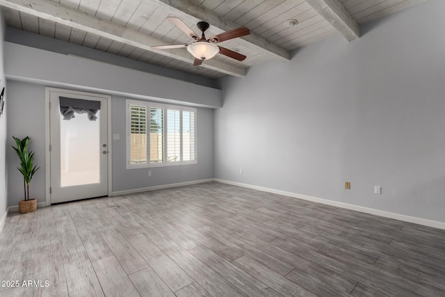 unfurnished room with ceiling fan, wood ceiling, hardwood / wood-style floors, and beamed ceiling