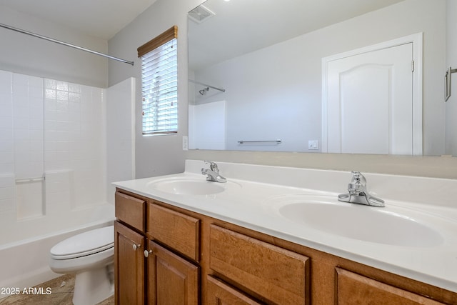 full bathroom featuring toilet, tile patterned floors, shower / bathtub combination, and vanity