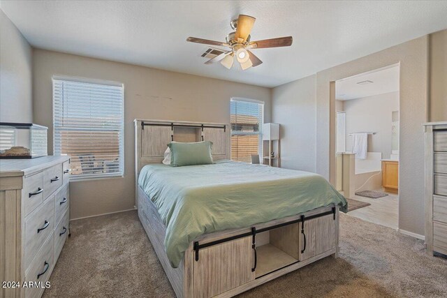 carpeted bedroom with ceiling fan, ensuite bathroom, and multiple windows