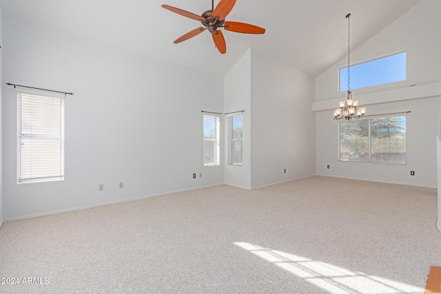 4356 E Rancho Tierra Dr, Cave Creek, AZ 85331 - carpeted spare room with high vaulted ceiling, a chandelier, a ceiling fan, healthy amount of natural light, and baseboards