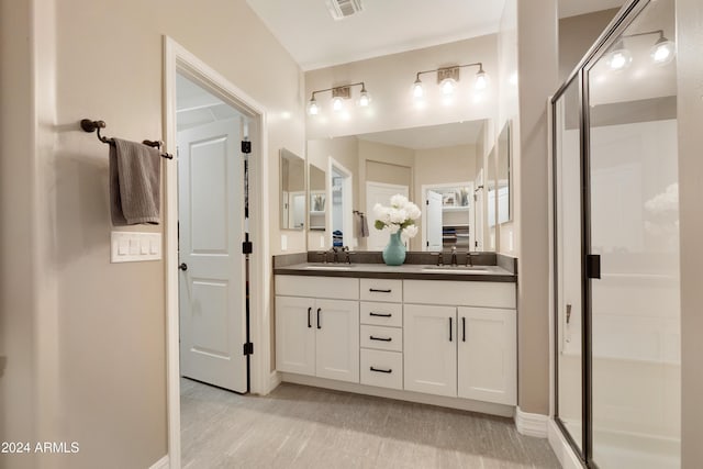 bathroom featuring vanity and an enclosed shower