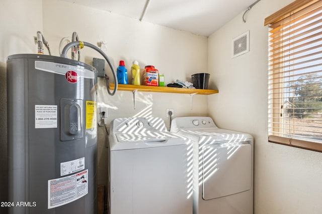 laundry room with electric water heater and washer and dryer