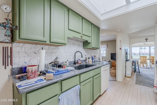 kitchen featuring white dishwasher, a sink, backsplash, and green cabinets