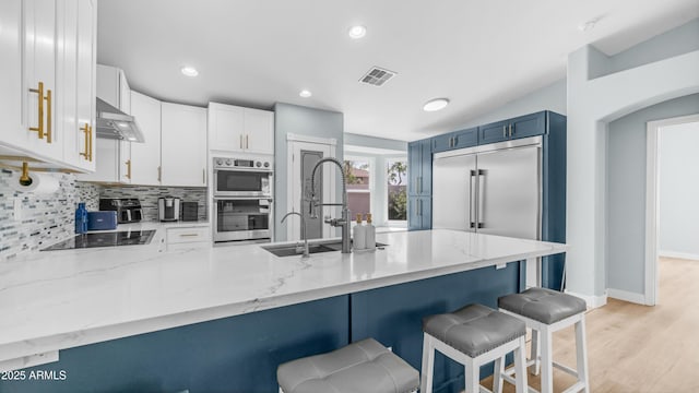 kitchen with stainless steel appliances, under cabinet range hood, a peninsula, light stone countertops, and decorative backsplash