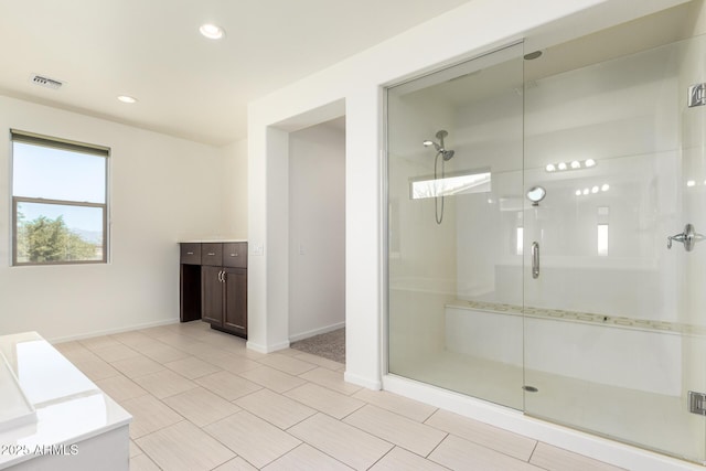 2920 E Virginia St E, Mesa, AZ 85213 - full bathroom with vanity, a stall shower, baseboards, recessed lighting, and tile patterned flooring
