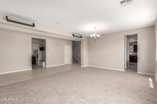 2920 E Virginia St E, Mesa, AZ 85213 - unfurnished living room with carpet floors, a chandelier, stairs, and baseboards