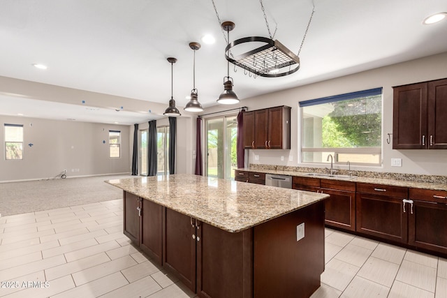 2920 E Virginia St E, Mesa, AZ 85213 - kitchen featuring a sink, a center island, open floor plan, recessed lighting, and light stone countertops