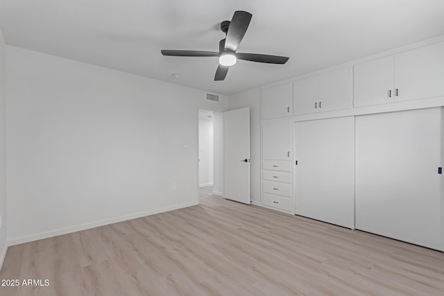 unfurnished bedroom with ceiling fan, light hardwood / wood-style floors, and a closet