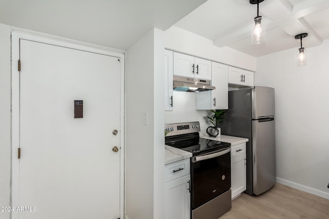 kitchen featuring white cabinetry, hanging light fixtures, beamed ceiling, light hardwood / wood-style floors, and appliances with stainless steel finishes