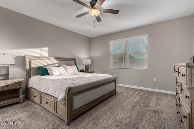 bedroom with vaulted ceiling, a ceiling fan, light colored carpet, and baseboards