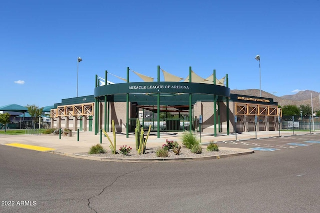 view of building exterior featuring a mountain view