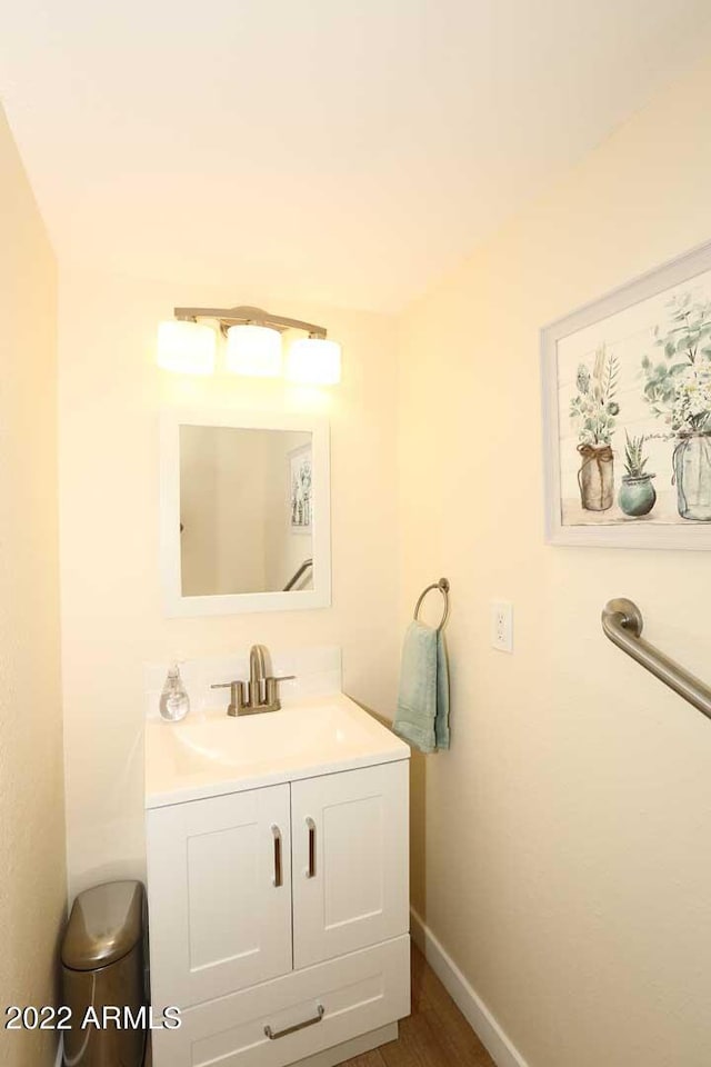 bathroom with vanity and wood-type flooring