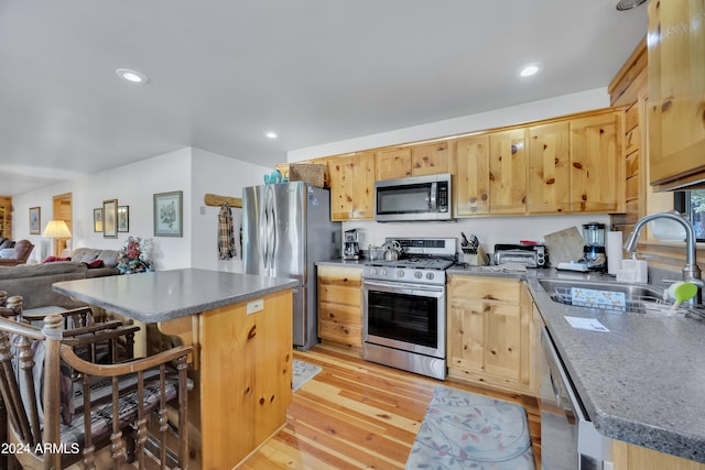 kitchen featuring light hardwood / wood-style floors, stainless steel appliances, sink, and a kitchen island