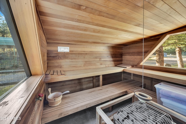 view of sauna featuring wood ceiling and wooden walls