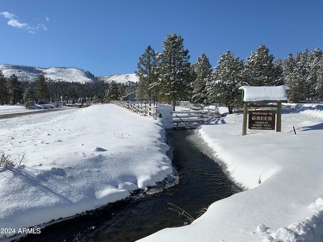 yard covered in snow featuring a mountain view