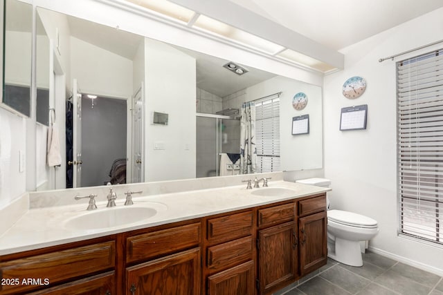 bathroom with toilet, a shower with door, tile patterned floors, vaulted ceiling, and vanity