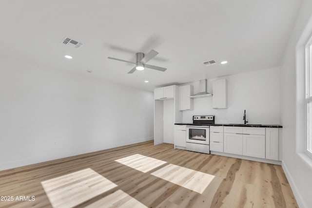 kitchen featuring a sink, visible vents, stainless steel range with electric stovetop, and wall chimney exhaust hood