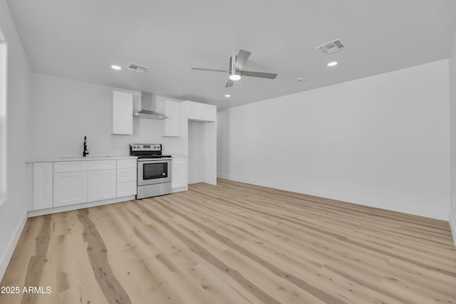 interior space featuring visible vents, stainless steel range with electric cooktop, wall chimney exhaust hood, and a sink