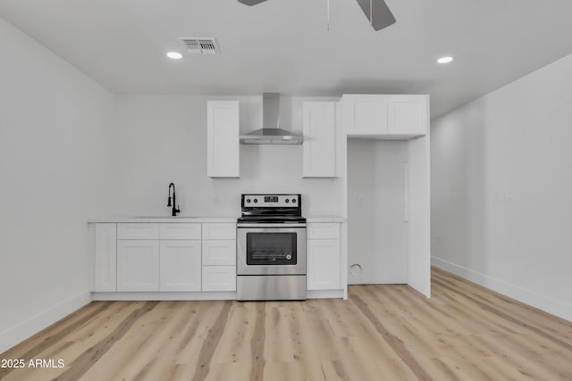 kitchen with visible vents, electric stove, a sink, wall chimney exhaust hood, and white cabinets