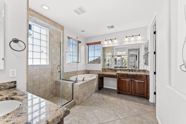 9285 E Canyon Vw, Scottsdale, AZ 85255 - bathroom featuring two vanities, visible vents, tile patterned floors, and a stall shower