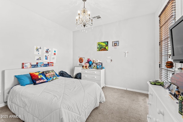 9285 E Canyon Vw, Scottsdale, AZ 85255 - bedroom with baseboards, an inviting chandelier, visible vents, and carpet