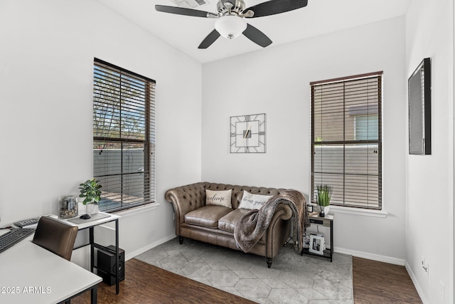 9285 E Canyon Vw, Scottsdale, AZ 85255 - living room featuring baseboards, a ceiling fan, and wood finished floors