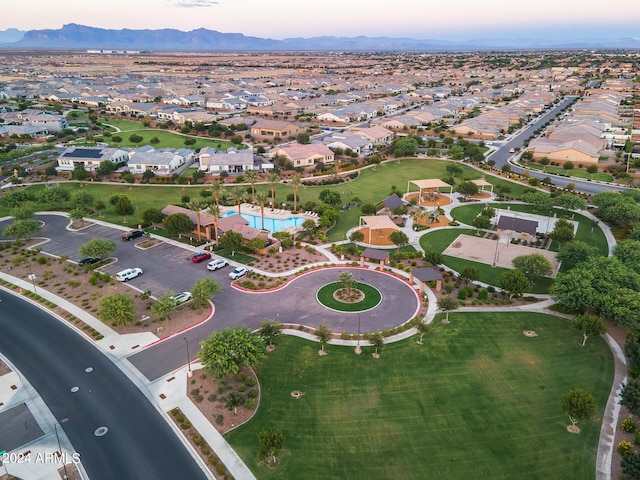 aerial view at dusk with a mountain view