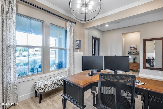 office space featuring light hardwood / wood-style flooring, a notable chandelier, and ornamental molding