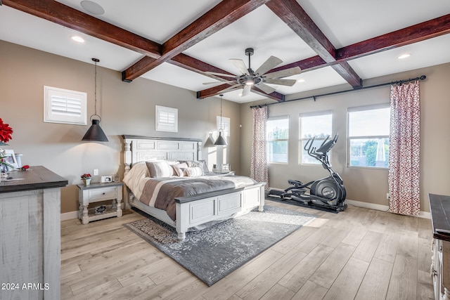 bedroom with coffered ceiling, beam ceiling, ceiling fan, and light hardwood / wood-style flooring