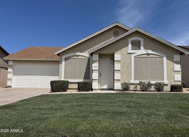 ranch-style home with a front lawn, roof with shingles, stucco siding, concrete driveway, and an attached garage
