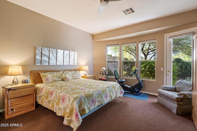 7291 E Eagle Feather Rd, Scottsdale, AZ 85266 - bedroom featuring dark colored carpet, access to exterior, baseboards, and ceiling fan
