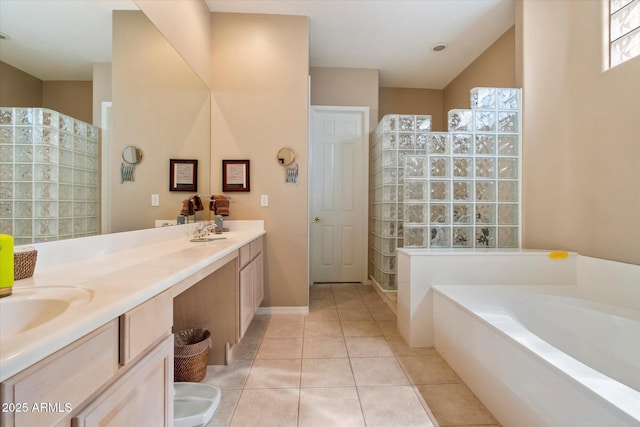 7291 E Eagle Feather Rd, Scottsdale, AZ 85266 - full bathroom with a garden tub, double vanity, tile patterned floors, and walk in shower