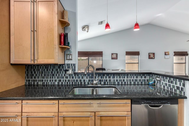 kitchen featuring visible vents, decorative backsplash, dishwasher, open shelves, and a sink