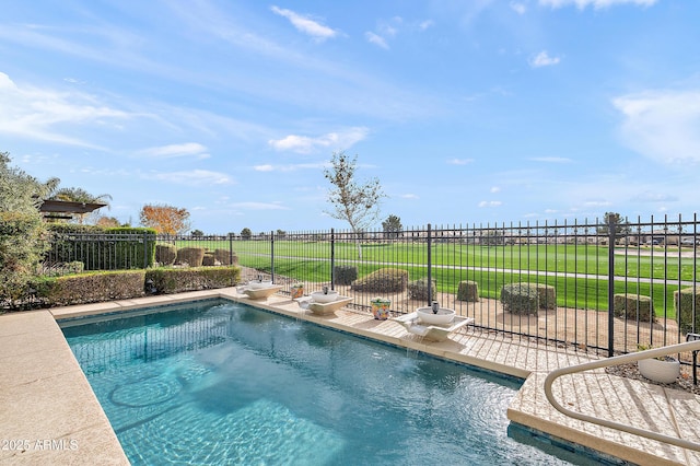 view of pool featuring a fenced in pool, a lawn, a patio, and fence