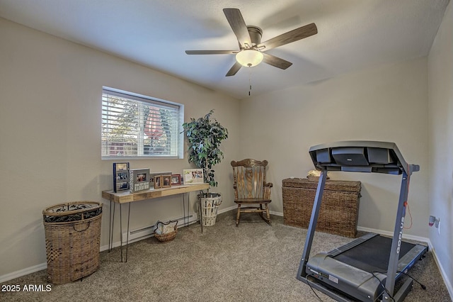 exercise area featuring baseboard heating, ceiling fan, carpet floors, and baseboards