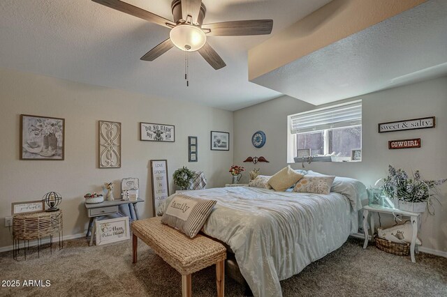 bedroom featuring carpet floors, baseboards, and ceiling fan
