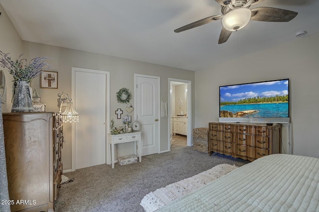 bedroom featuring carpet floors, a ceiling fan, and ensuite bathroom